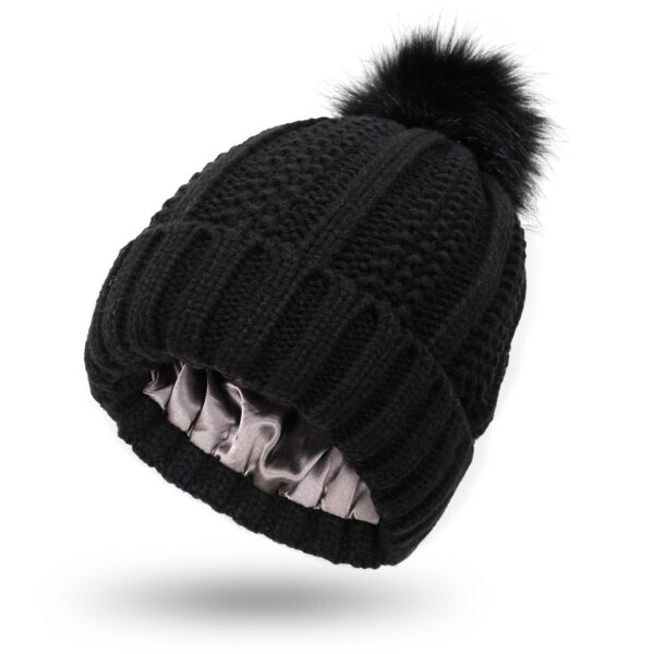 Fashion Stretchy Satin Lined Skull Knit Hats Beanie Hat For Women Faux Fur Pom Pom Hat Winter Keep Warming Beanie Hat - Image 5